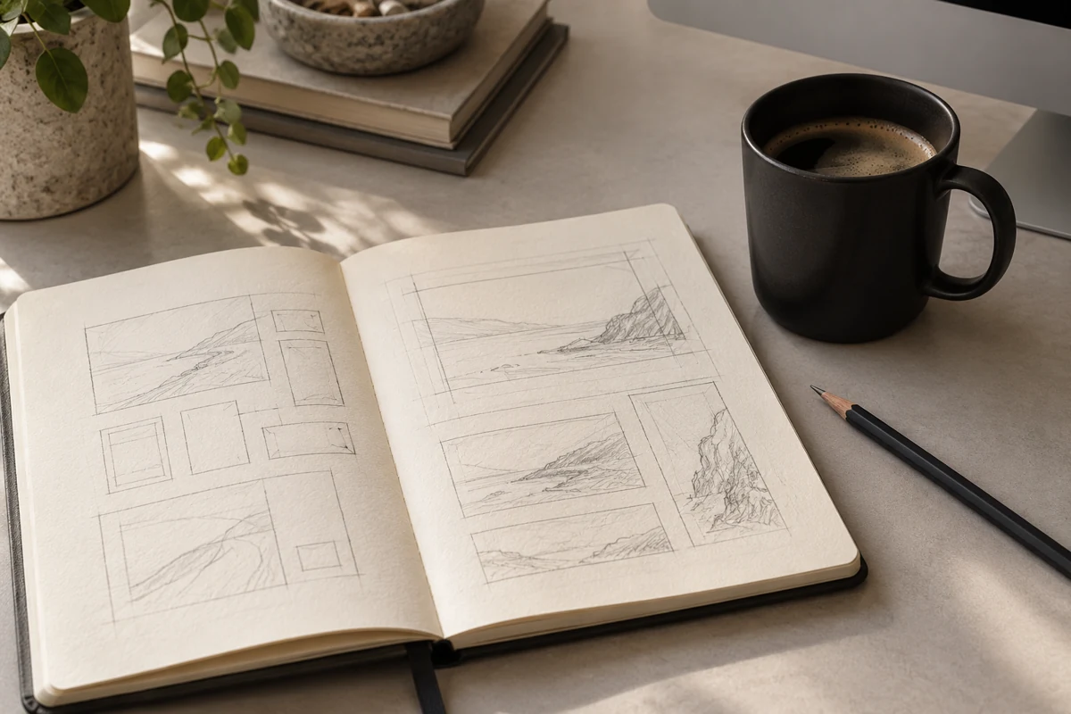 Beispielbild: ein offenes Skizzenbuch, ein Stift und eine schwarze Kaffeetasse